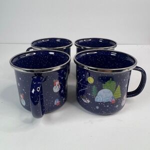 World Market Enamelware Mugs Set of 4 Snowy Village Christmas Holiday Hot Cocoa